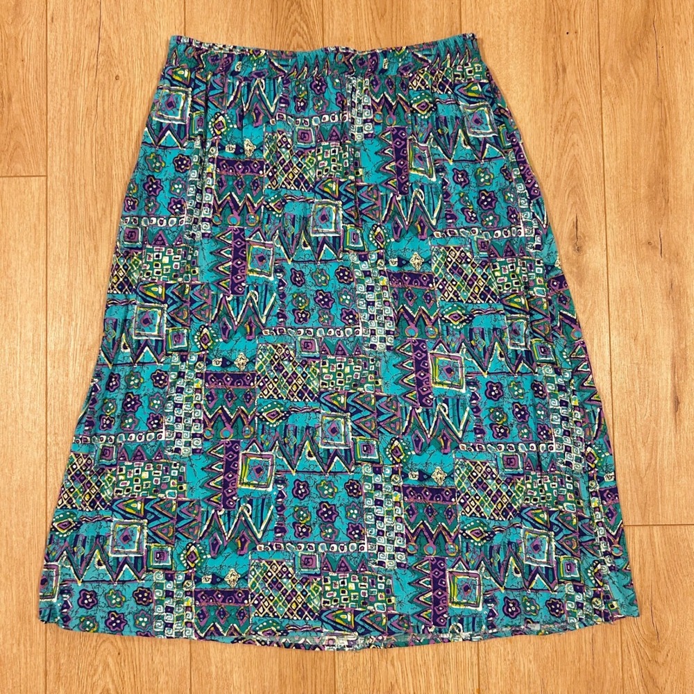 Diversity Vintage 90s Teal Purple Geometric Abstract Midi Skirt Pockets 2X